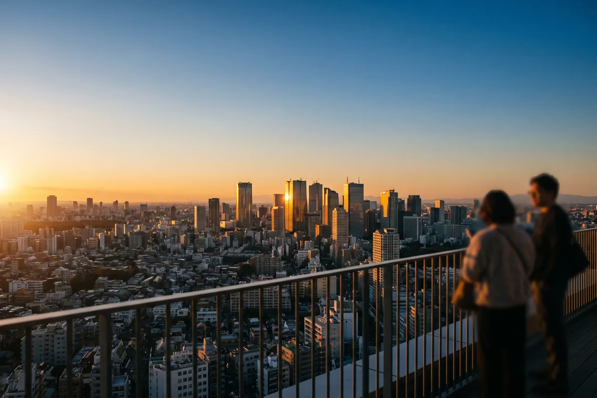 Sunset over Tokyo seen from the Shibuya Sky rooftop with the city beginning to light